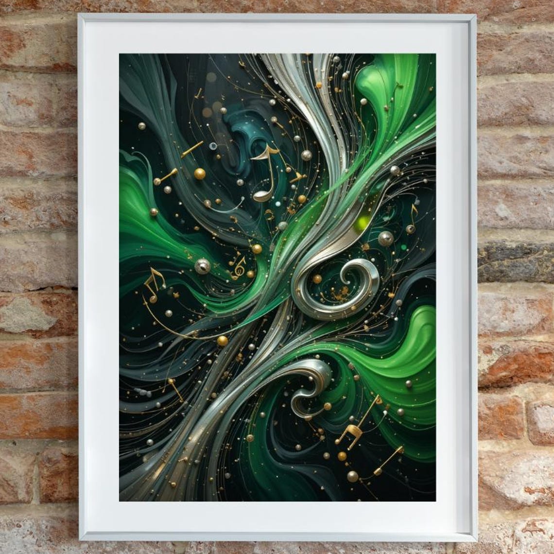 Green Silver Swirling Music Notes Abstract Modern Art Poster