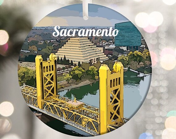 Sacramento Tower Bridge California Skyline Round Ornament Print