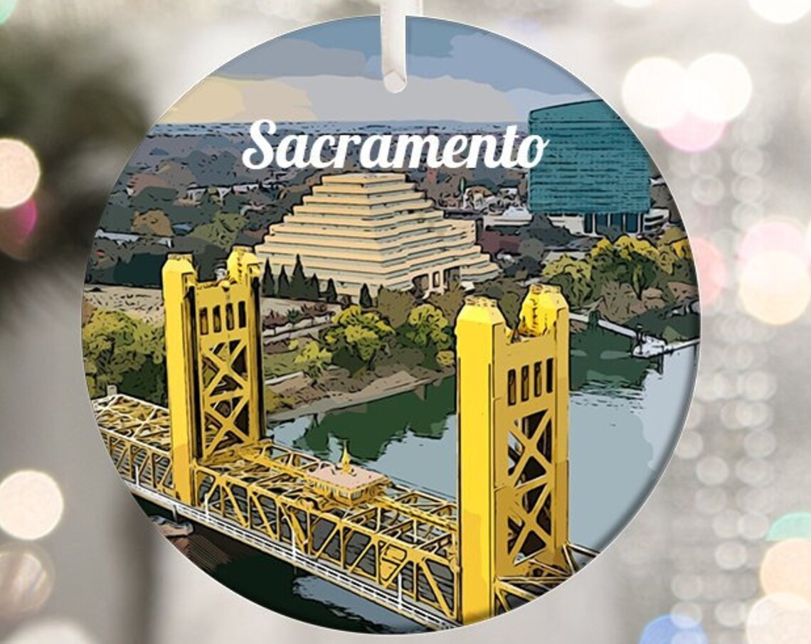 Sacramento Tower Bridge California Skyline Round Ornament Print