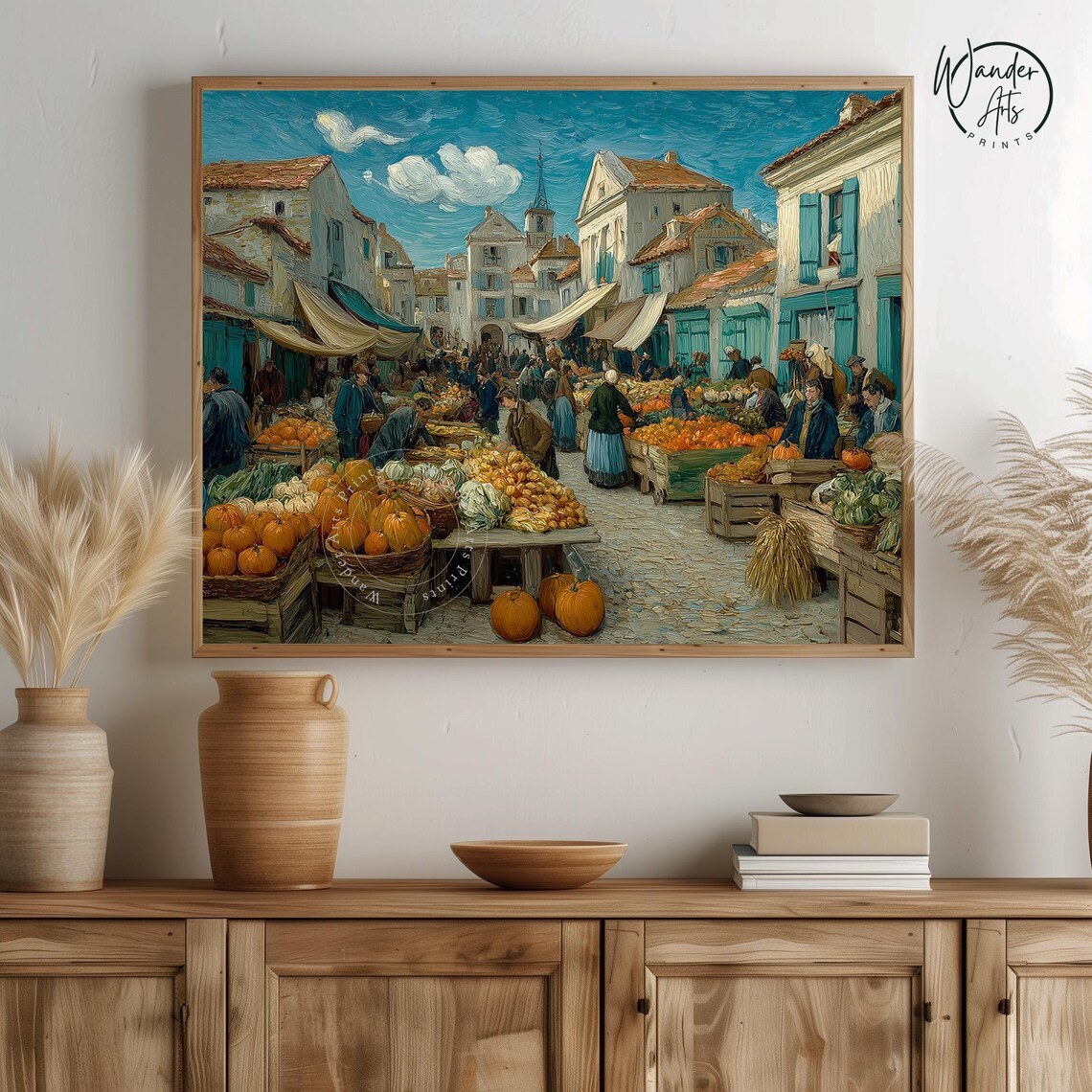 Vintage Village Pumpkin Market Autumn Harvest Oil Painting Wall Art
