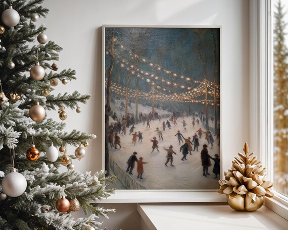 Winter Ice Skaters Garland Lights Night Painting Christmas Poster