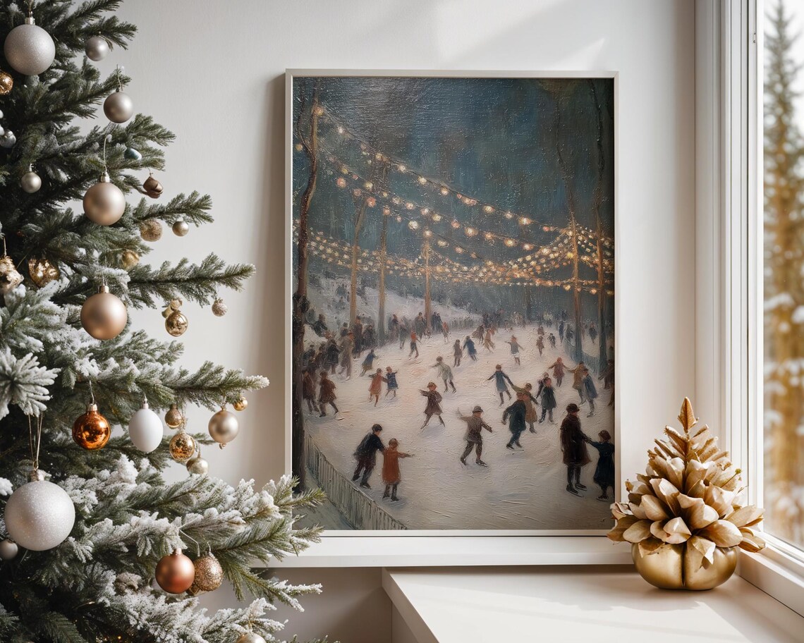Winter Ice Skaters Garland Lights Night Painting Christmas Poster