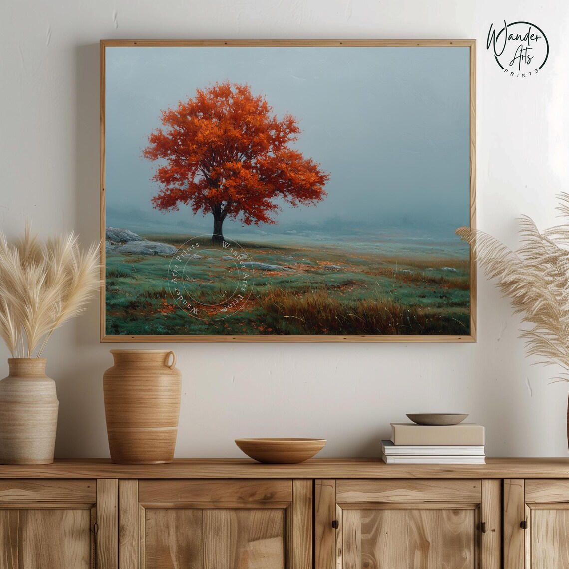 Solitary Red Oak in Misty Green Meadow Foggy Landscape Painting Poster
