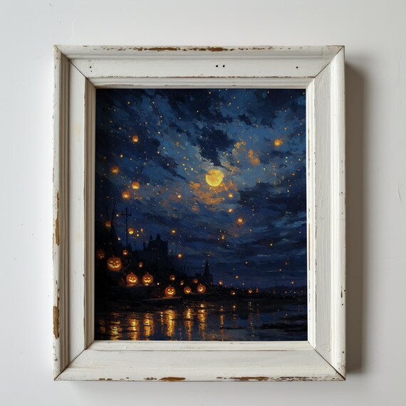 Celestial Halloween Moonlit Scene Spooky Autumn Night Art Vintage Oil Painting Rustic Fall Decor Starry Print 241