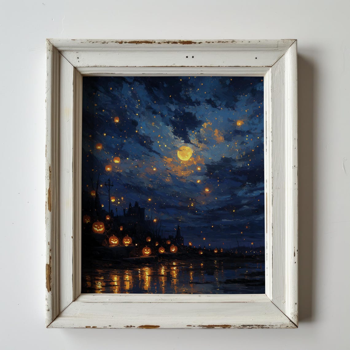 Moonlit Halloween Pumpkin Lake Night Sky Celestial Autumn Poster