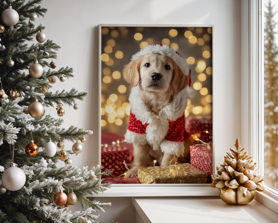 Golden Retriever Puppy Christmas Santa Outfit Holiday Dog Wall Art