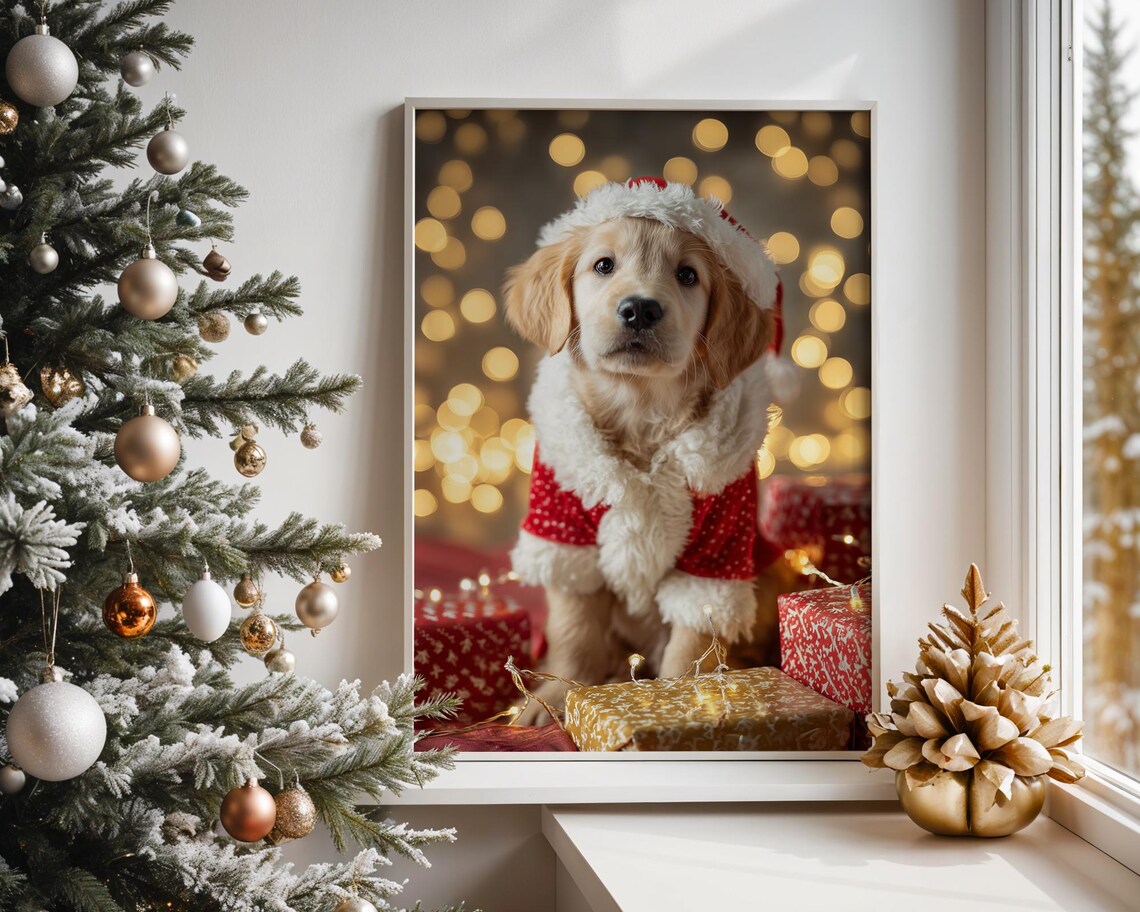 Golden Retriever Puppy Christmas Santa Outfit Holiday Dog Wall Art