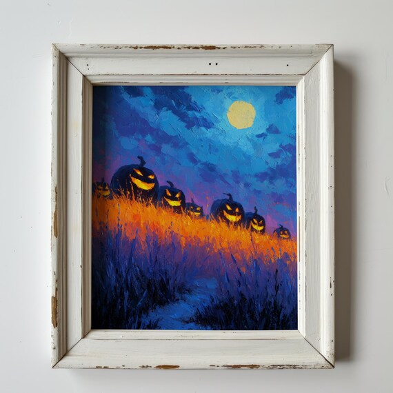 Halloween Pumpkin Wall Art Spooky Night Scene Rustic Autumn Decor With Candles Vintage Painting Print 280