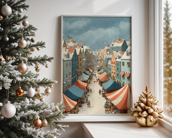 Festive Christmas Market Street Snowy Holiday Winter Scene Art Print