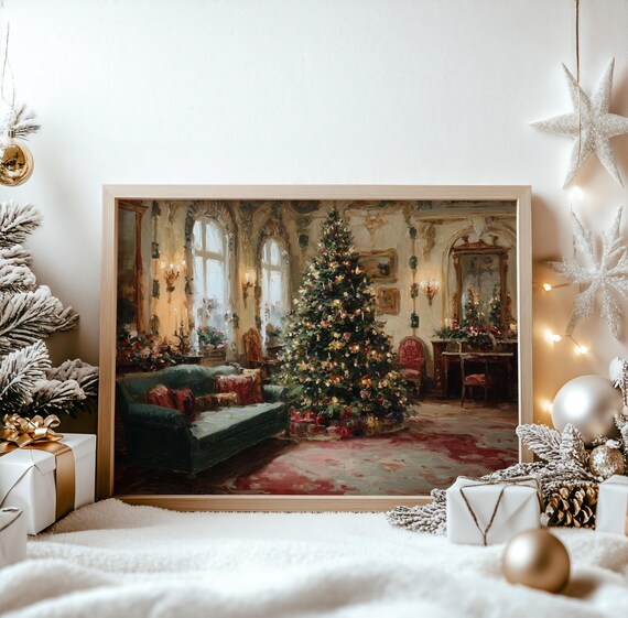 Grand Christmas Tree In Victorian Parlor With Green Sofa Gifts Poster