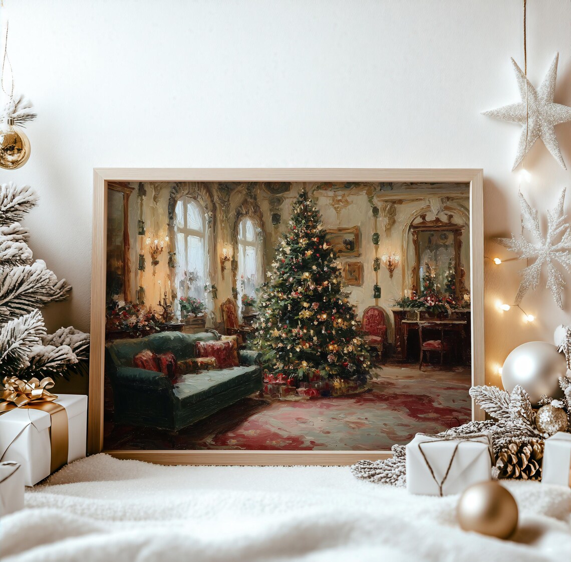 Grand Christmas Tree In Victorian Parlor With Green Sofa Gifts Poster