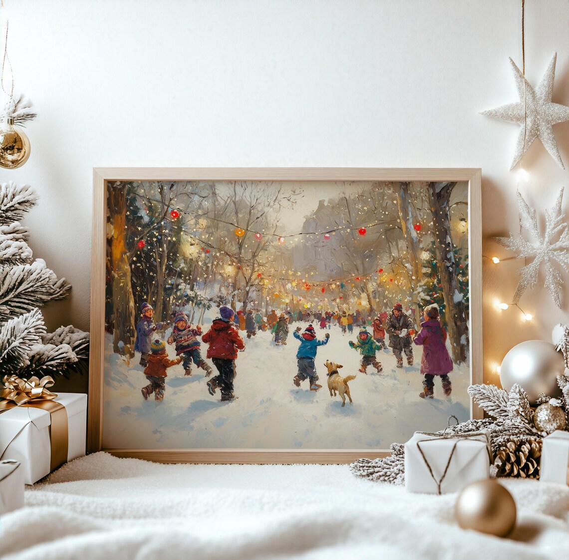 Children Playing in Snowy Park Vintage Winter Holiday Scene Poster