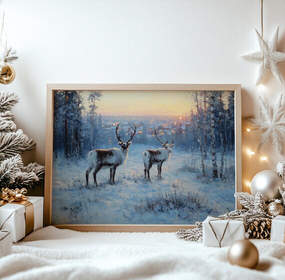 Reindeer Snowy Clearing Winter Dusk Wildlife Painting Poster