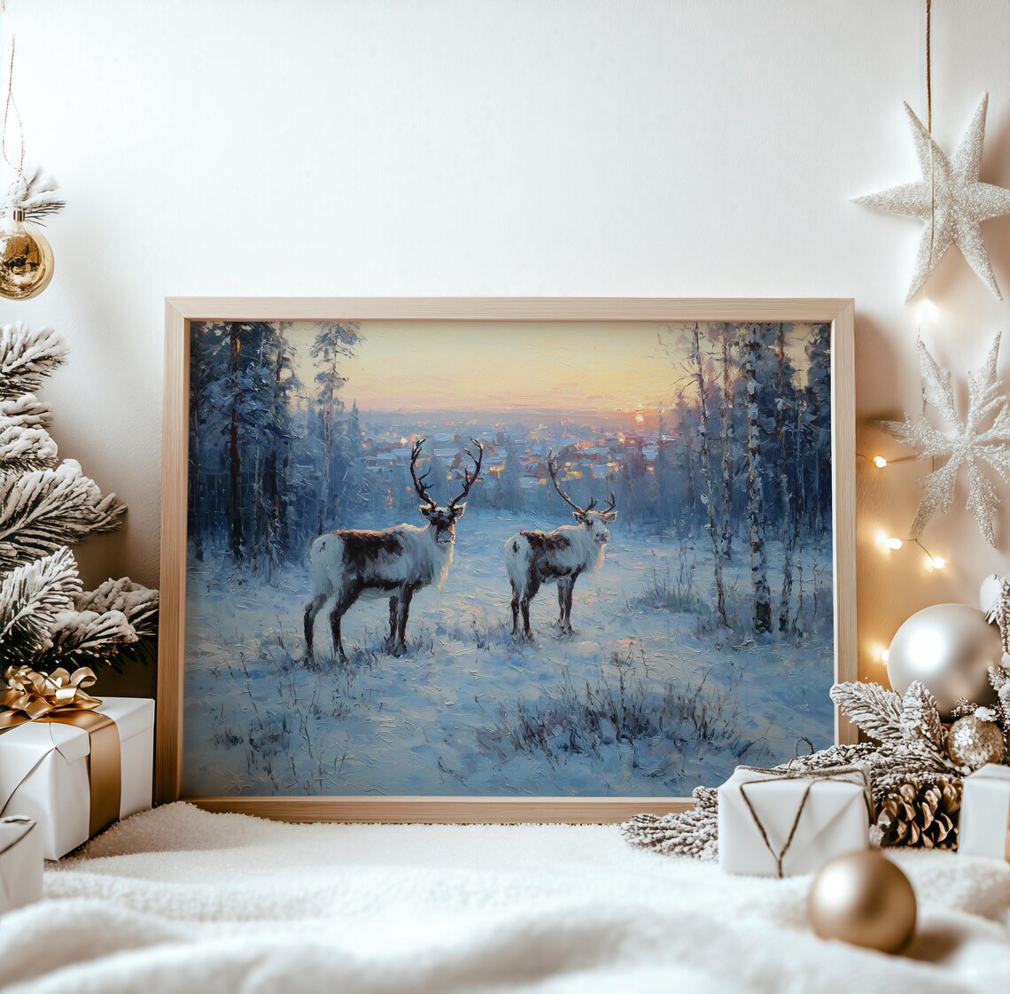 Reindeer Snowy Clearing Winter Dusk Wildlife Painting Poster
