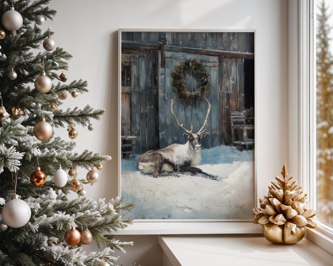 Reindeer Resting Rustic Barn Snow Winter Christmas Art Poster