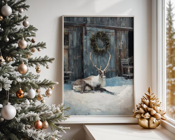 Reindeer Resting Rustic Barn Snow Winter Christmas Art Poster