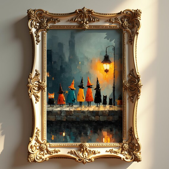Autumn Witch Parade Art Halloween Witches Decor Enchanting Candlelit Painting Spooky Wall Magical Fall Scene 325