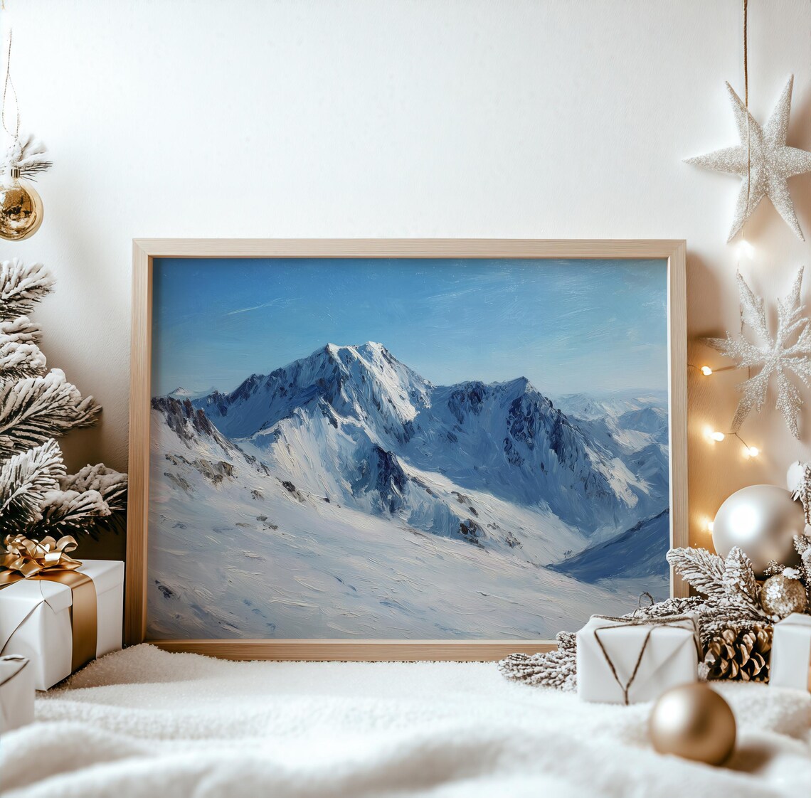 Snow Capped Mountain Range Winter Landscape Oil Painting Print