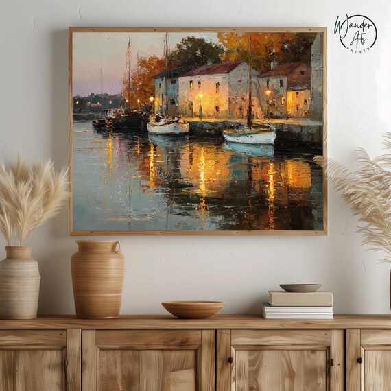 Harbor at Dusk Glowing Boats Impressionist Seascape Art Poster