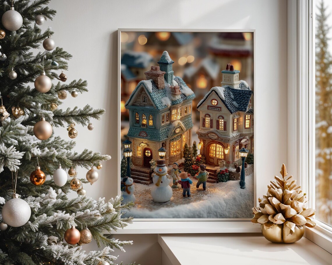 Tiny Snowy Christmas Village Houses Glowing Winter Night Poster