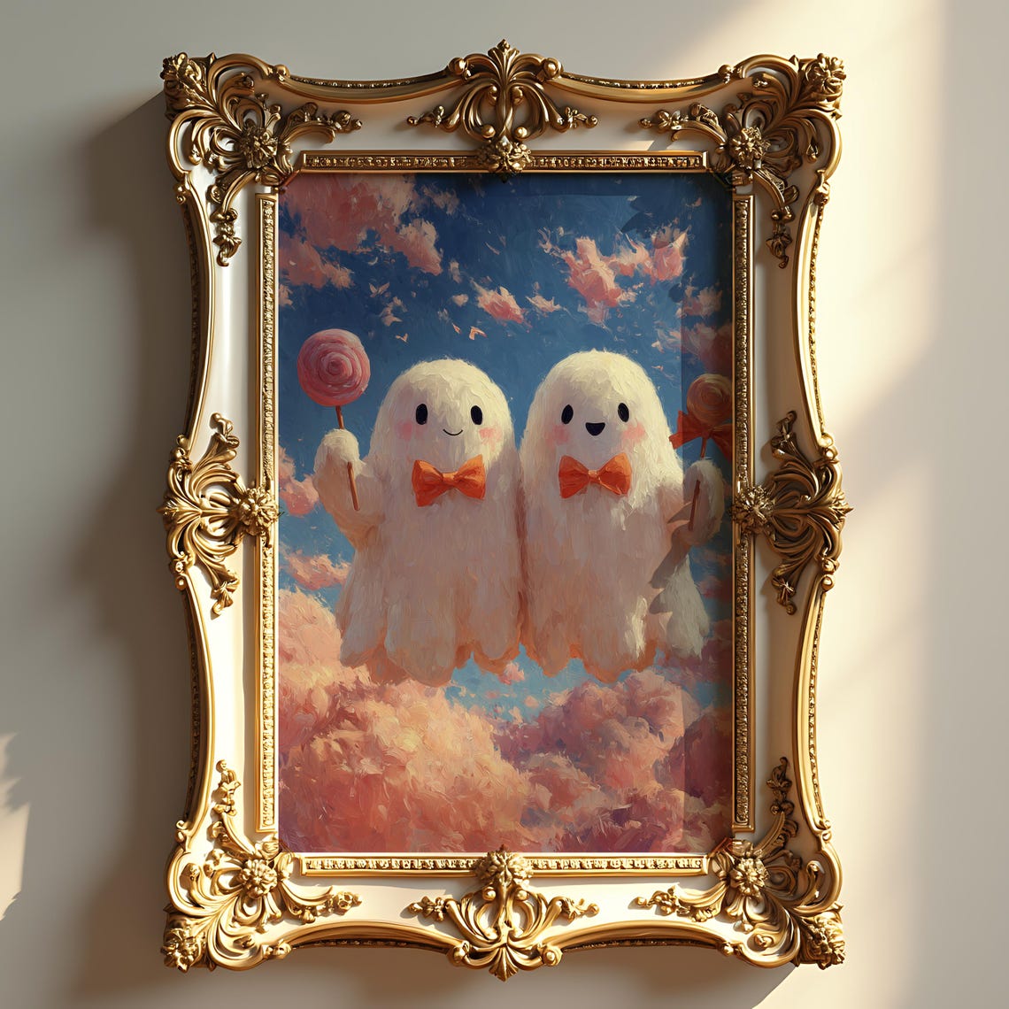 Two Cute Ghosts With Red Bows Pink Cloud Halloween Art Poster