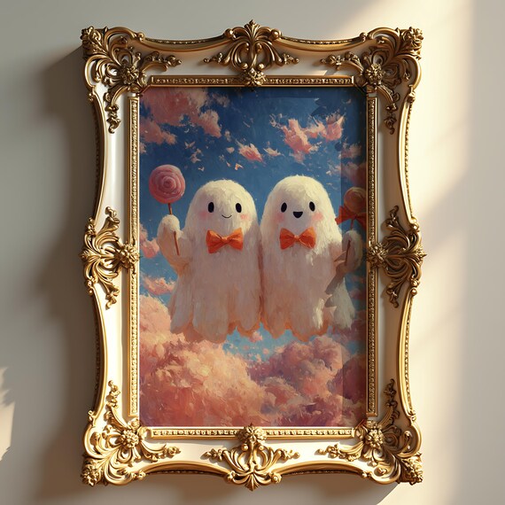 Autumn Ghostly Gathering Pastel Goth Ghosts With Lollipops Spooky Fall Wall Art Halloween Decor Rustic Cottage Style 342