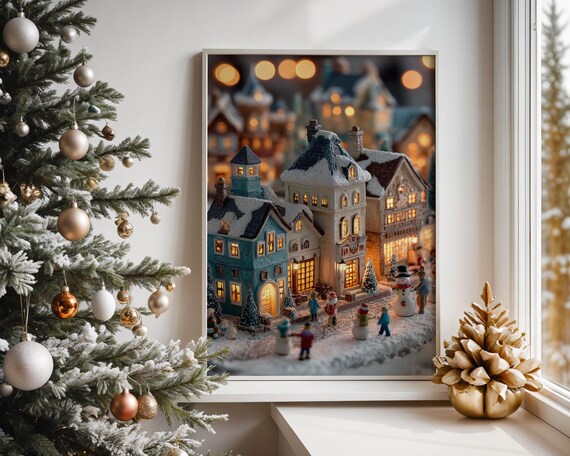 Cozy Christmas Village Snowy Miniature Scene Rustic Holiday Art Print