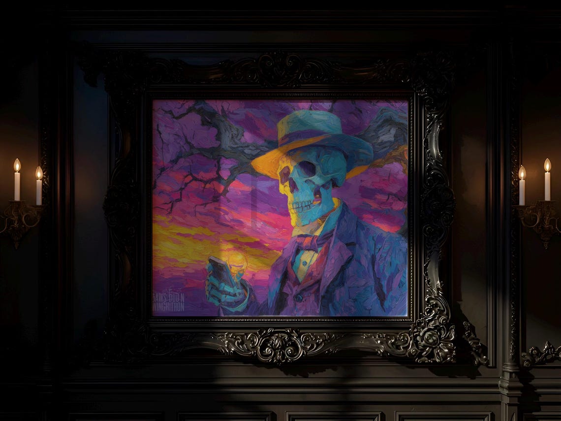 Skeleton Gentleman Suit Oil Painting Colorful Eerie Gothic Wall Art