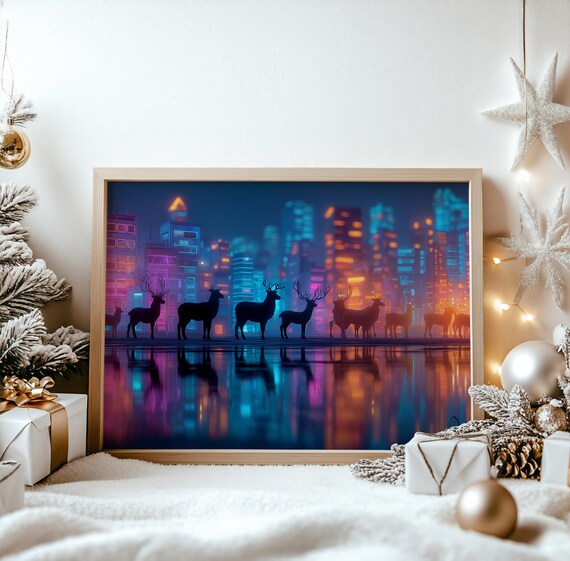 Neon Deer Christmas Cityscape Silhouette Winter Night Poster
