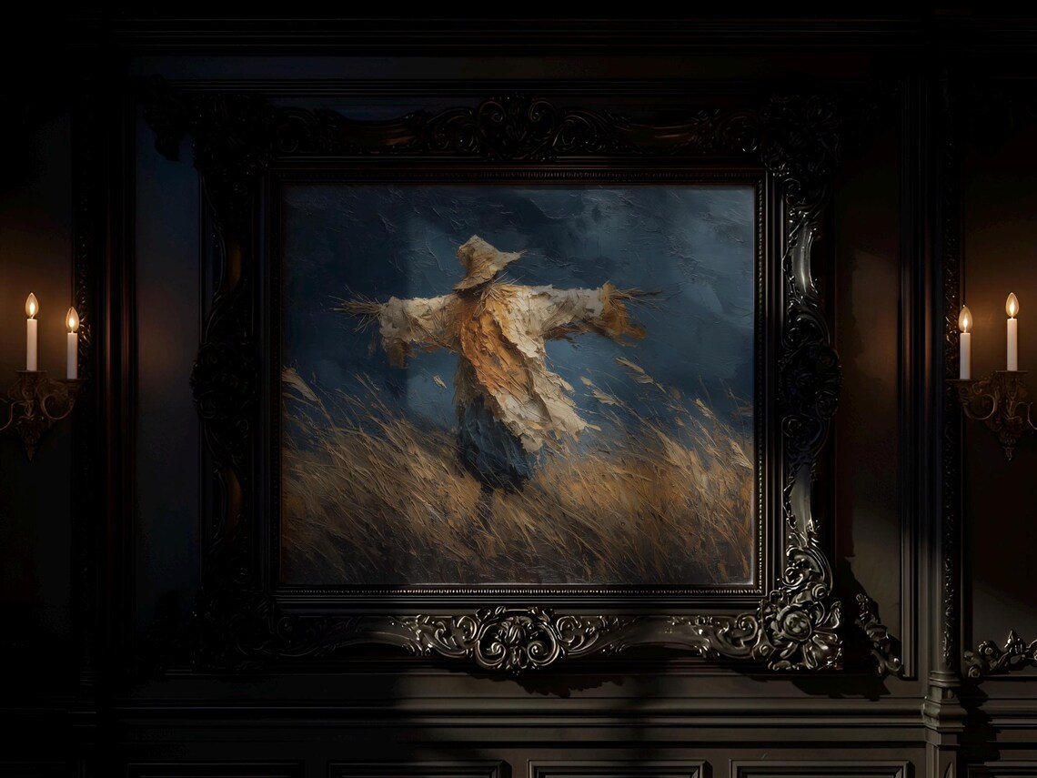 Rustic Scarecrow Wheat Field Dusk Oil Painting Moody Farm Wall Art
