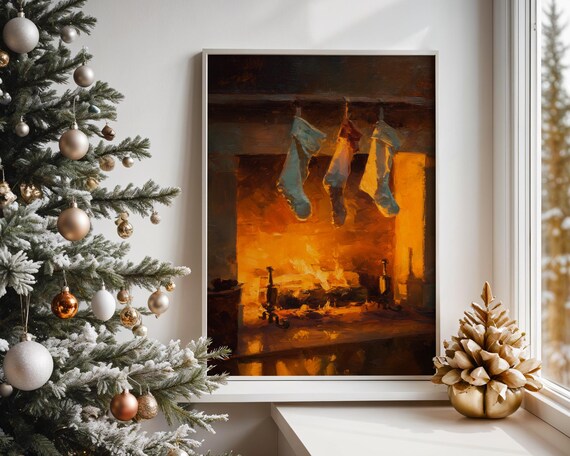 Christmas Stockings by Fireplace Cozy Holiday Painting Poster
