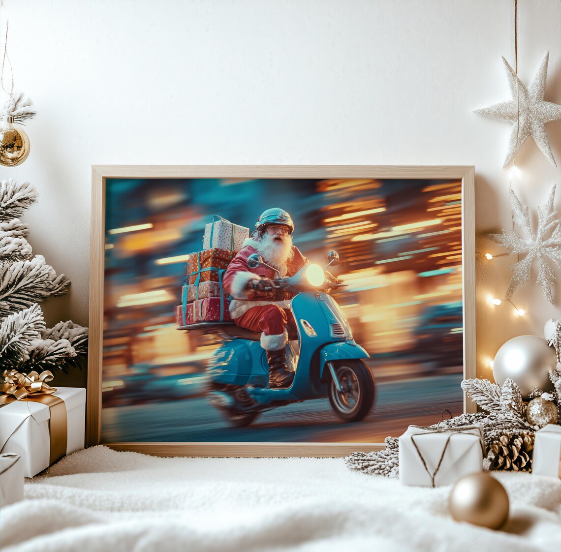 Santa Claus Riding a Bright Blue Scooter Through the City Night Poster