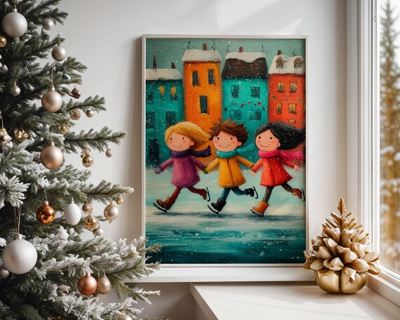 Cheerful Winter Kids Ice Skating Colorful Holiday Folk Scene Print