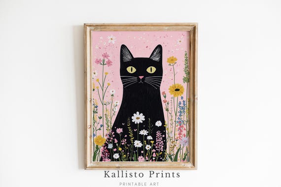 Black Cat Floral Art Print Pink Botanical Wall Whimsical Illustration For Nursery Or Home Decor Download635