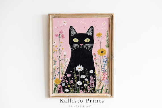 Black Cat In A Pink Wildflower Garden Whimsical Folk Wall Art