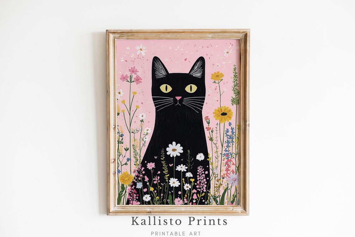 Black Cat In A Pink Wildflower Garden Whimsical Folk Wall Art