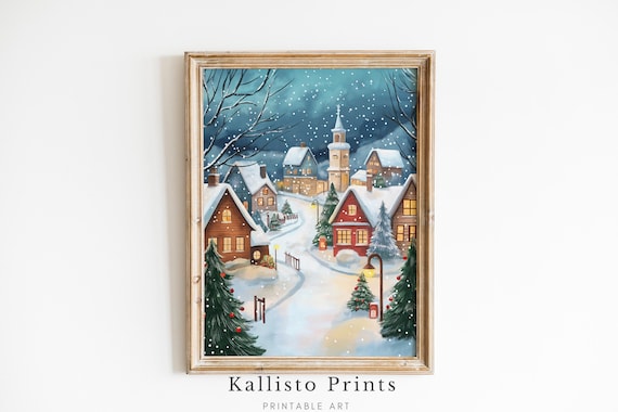 Snowy Christmas Village Night Lit Windows Church Winter Poster
