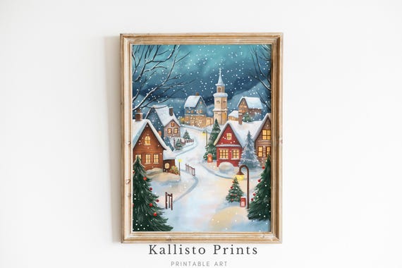 Snowy Village Winter Scene Art Christmas Town Illustration Cozy Holiday Decor Festive Wall Art345