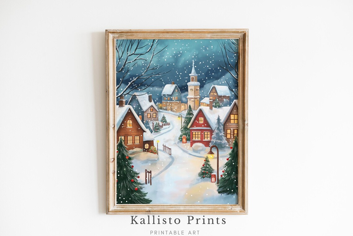 Snowy Christmas Village Night Lit Windows Church Winter Poster