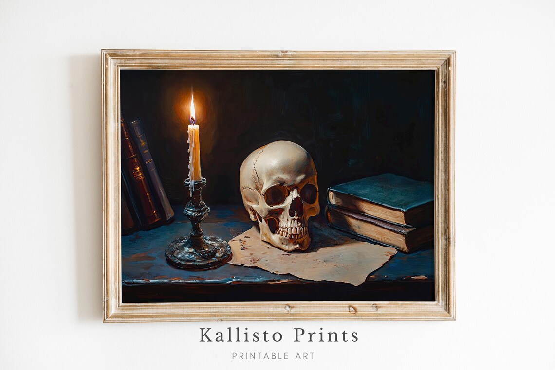 Skull With Candle And Books Vanitas Still Life Painting Poster