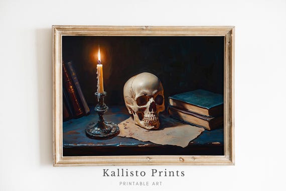Dark Academia Still Life Oil Painting Skull Candle And Books Art Gothic Vintage Wall Decor480
