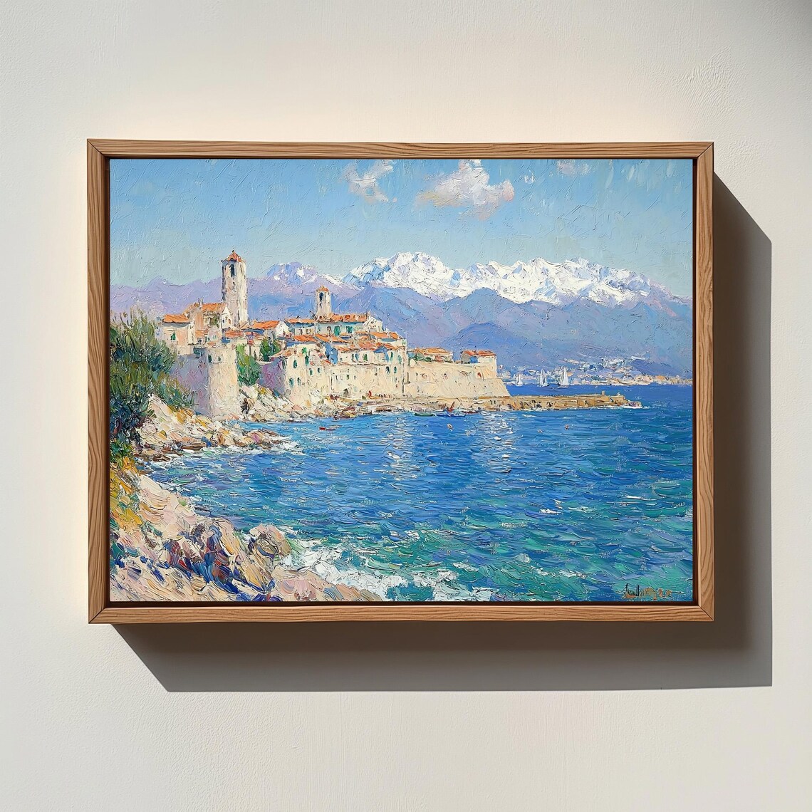 Historic Coastal Village With Church Towers And Mountains Poster