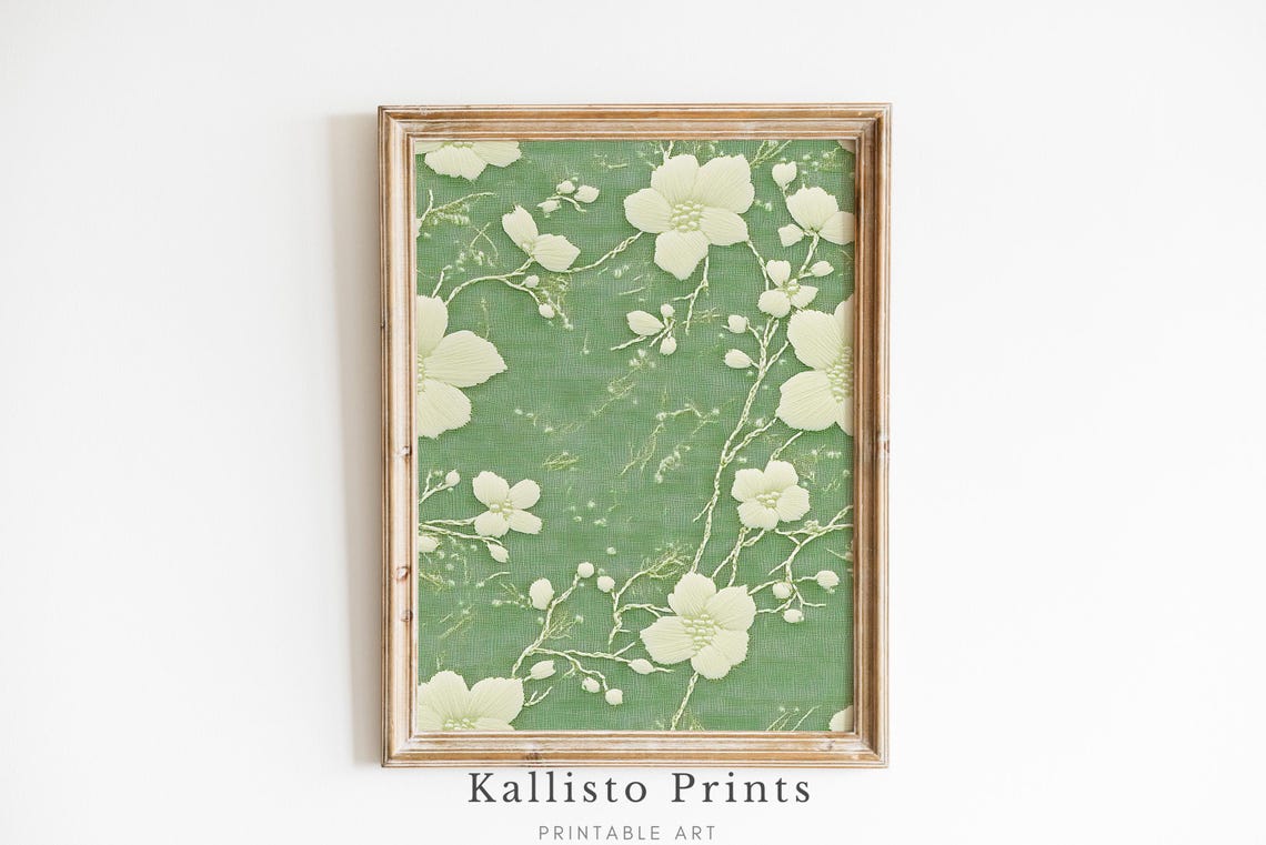 Green White Floral Embroidery Textile Delicate Botanical Print