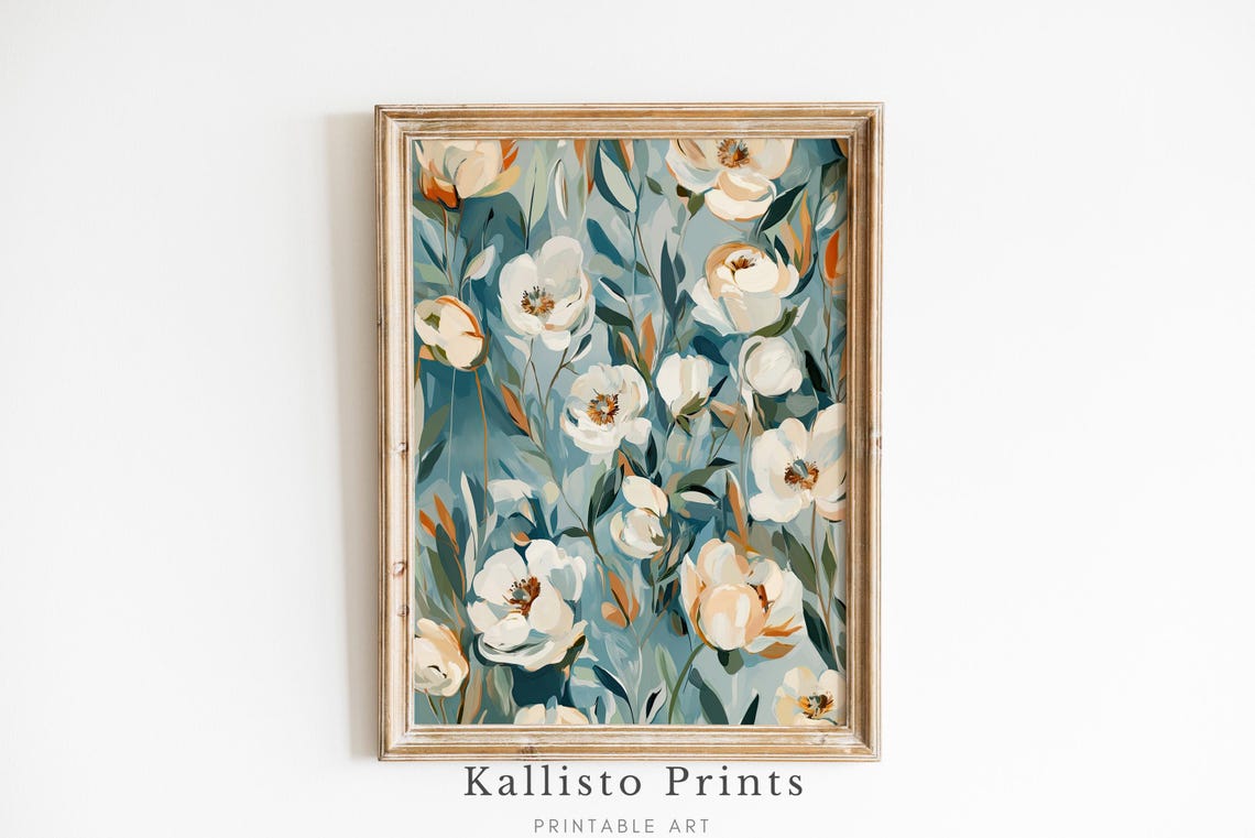 White Peony Floral Botanical Teal Leaves Elegant Garden Print