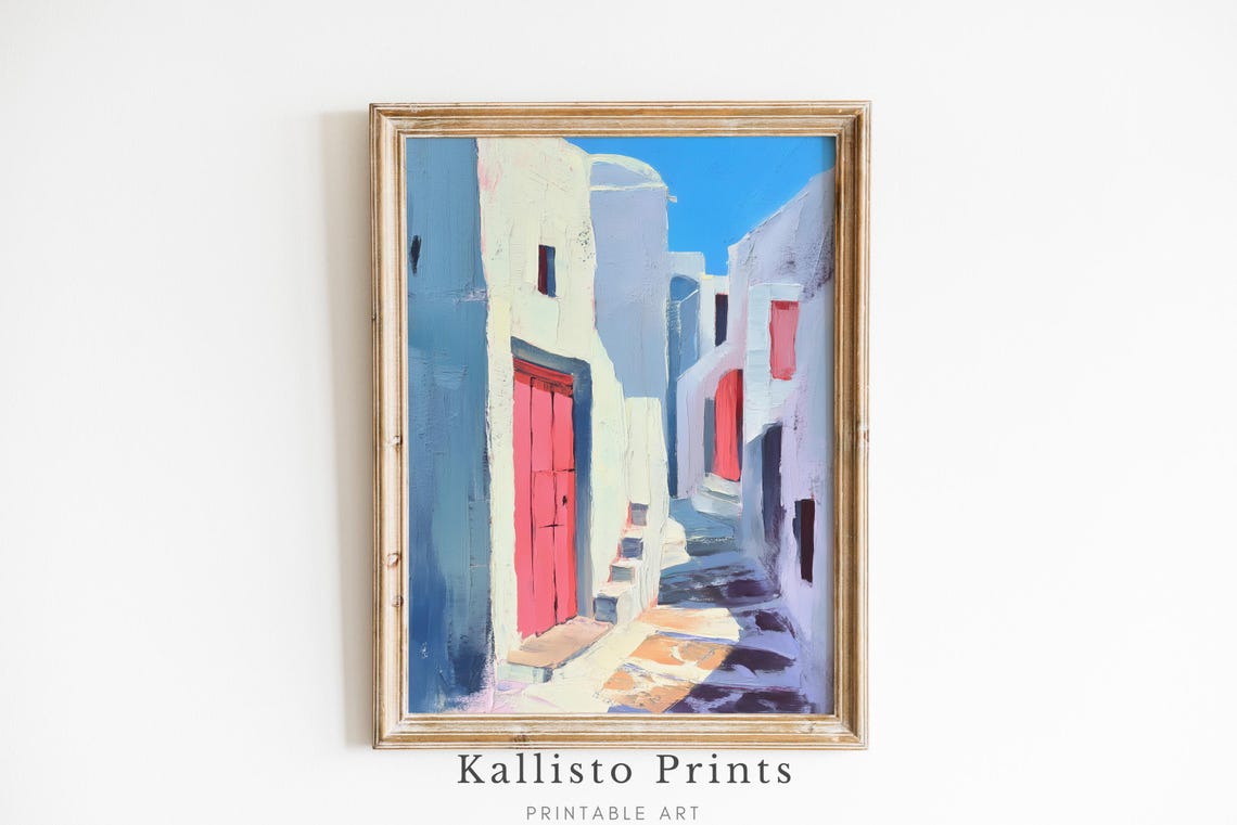 Greek Island Whitewashed Street Red Door Santorini Travel Art Poster