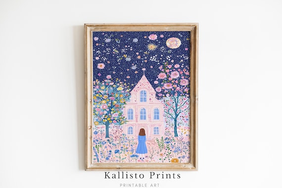 Fairytale Pink House Starry Night Moon Flowers Girl Dreamy Poster