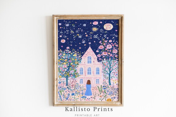 Starry Night Fairytale Art Print Whimsical Celestial Floral Wall Decor Dreamy Pink House Illustration895