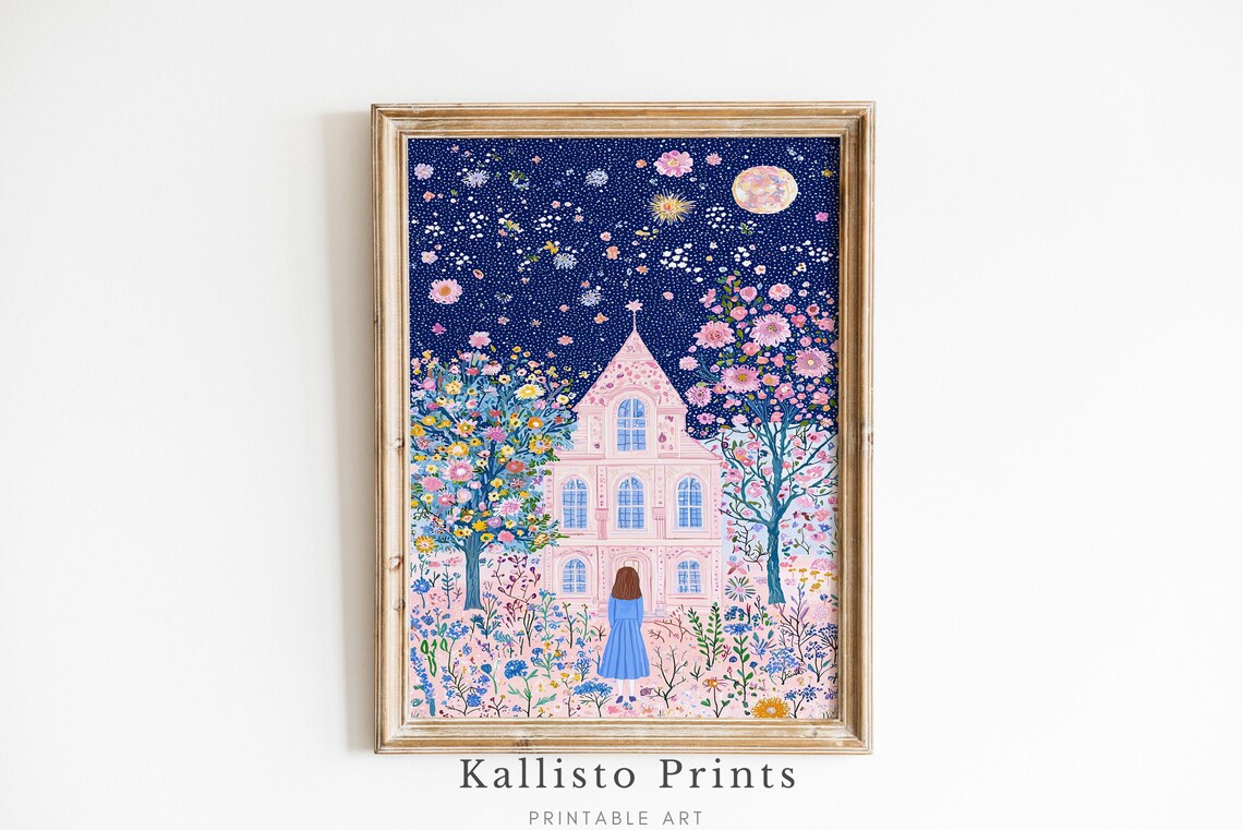 Fairytale Pink House Starry Night Moon Flowers Girl Dreamy Poster