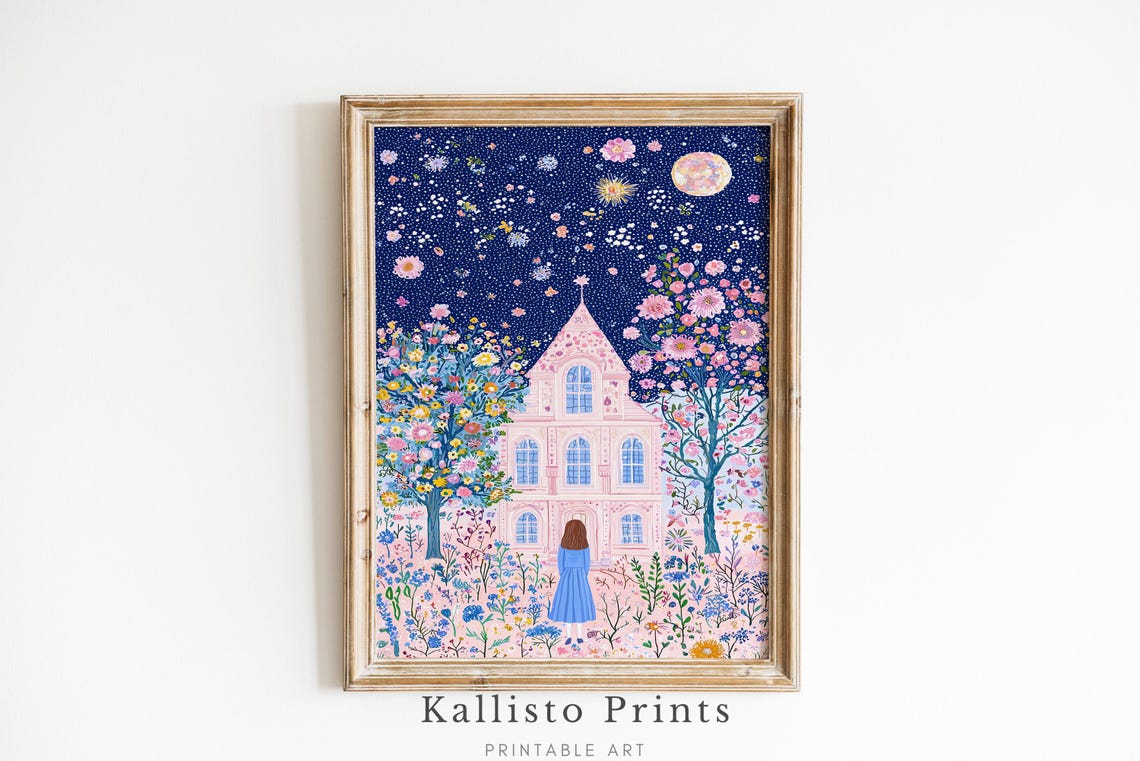 Starry Night Fairytale Art Print Whimsical Celestial Floral Wall Decor Dreamy Pink House Illustration895