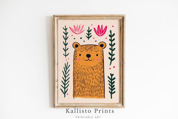 Cute Bear Wall Art Nursery Whimsical Animal Decor Kids Room Art677